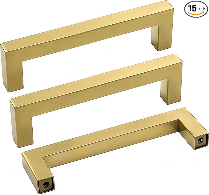 goldenwarm 15 Pack Brushed Brass Kitchen Cabinet Handles 3-3/4in Drawer Pulls - LSJ12GD96 Modern Gold Furniture Hardware 96mm Hole Centers Cupboard Door Handles Square Bathroom Dresser Pulls