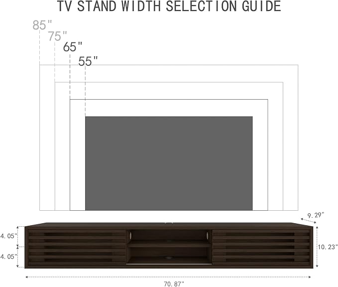70" Floating TV Stand with Slatted Sliding Doors, Mid-Century Modern Wall Mounted Entertainment Center, Walnut Media Floating tv Console for 85 TV, Space-Saving Cable Management