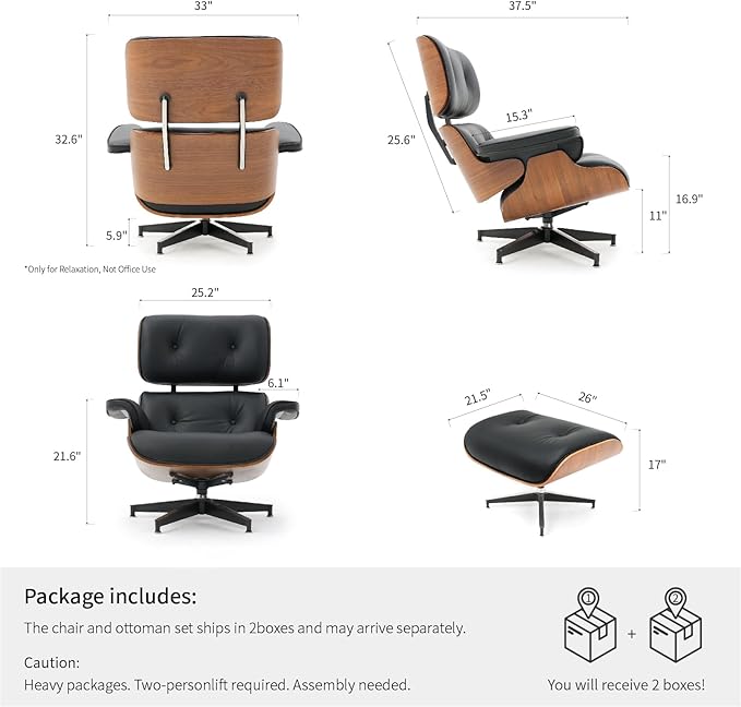 Mid Century Chaise Lounge Chair with Ottoman, Top Black Grain Leather, Modern Office Chair Classic Design, Heavy Duty Base Support for Living Room Study Lounge Office