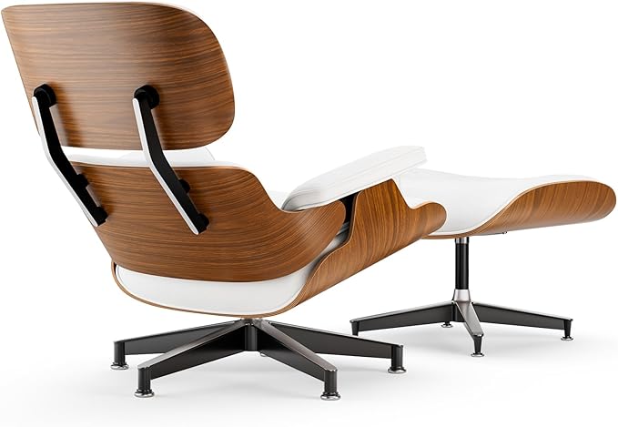 Top White PU Leather, Mid Century Chaise Lounge Chair and Ottoman, Modern Chair Classic Design, Walnut Wood, Heavy Duty Base Support for Living Room Office