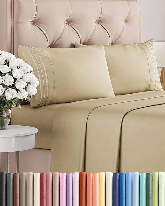 Cal King Size 4 Piece Sheet Set - Comfy Breathable & Cooling Sheets - Hotel Luxury Bed Sheets for Women & Men - Deep Pockets, Easy-Fit, Extra Soft & Wrinkle Free Sheets - Beige Oeko-Tex Bed Sheet Set