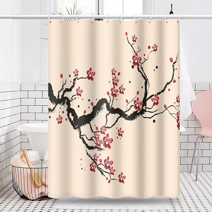 Cherry Blossom Shower Curtain Chinese Traditional Antique Ink Painting Art Plum Floral Shower Curtains Bathroom Accessories Waterproof Polyester Fabric with Hooks, 65 x 72 Inch
