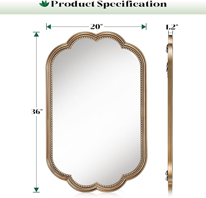 Scalloped Mirror, 20" x 36" Gold Oval Wall Mirror Beaded Frame Decorative, Antique Brass Mirrors Wooden for Over Sink, Bathroom, Bedroom, Living Room, Fireplace, Entryway