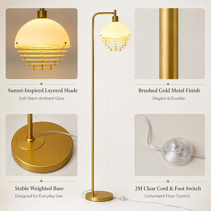 67" Soft Glow Art Deco Floor Lamp - Metal Pole Sunset Acrylic Lamp, Pedal Switch & E26 Bulb, Perfect for Bedroom Living Room Office Scandinavian/Minimalist/Contemporary Interiors