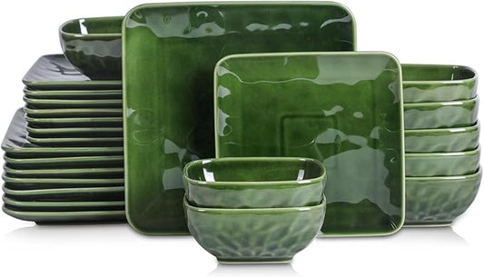 Vicrays Ceramic 24 Pieces Square Dinnerware Set - Dinner Plates Salad Plates Cereal Bowls Set Service for 8 - Scratch Resistant Microwave Oven Dishwasher Safe - Green
