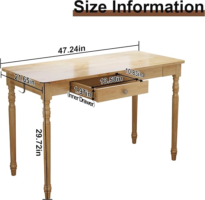 100% Solid Wooden Desk with Drawers - 47.2” Mid Century Modern Desk with 2 Hooks, Writing Desk with Drawers, Simple Work Study Table for Bedroom & Home Office - Natural Boho Desks