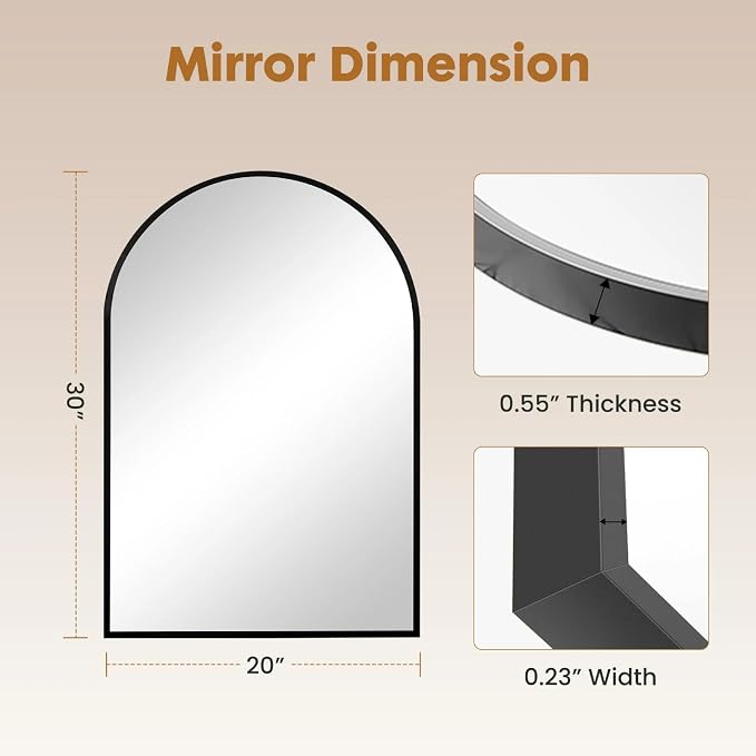 Arched Wall Mirror 30x20 Inch Black Bathroom Vanity Mirror with Metal Frame, Modern Arch Mirror for Bedroom, Living Room, Entryway, Wall Mounted Decorative Mirror