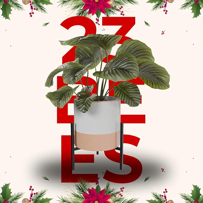23 Bees Mid-Century Modern Ceramic Planter with Plant Stand Indoor Decorative Plant Pot with Stand in Earthy Beige and White Glaze, Black Metal Stand (Large 16 inch plant pot, Three sizes) (Medium)
