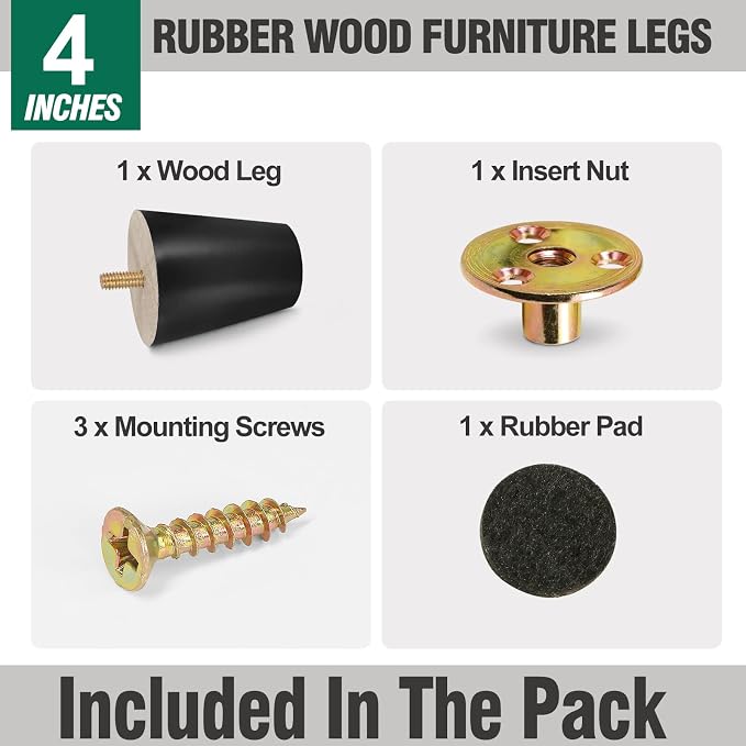FoDau770 Black Rubber Wood Furniture Legs 4 Inches, 5/16" UNC Straight Tapered Wood Feet Mid Century Sofa Legs, Wooden Furniture Feet Replacement Parts for Cabinet Couch Dresser Chair Ottoman Table