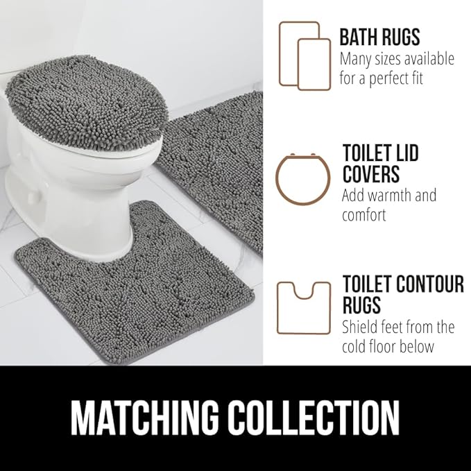 GORILLA GRIP Plush Absorbent Shaggy Chenille Bath Rug Mat for Square Toilet Base with Rubber Backing, Machine Washable Rugs, Soft Microfiber Contour Mats for Toilets, Bathroom Decor, Grey