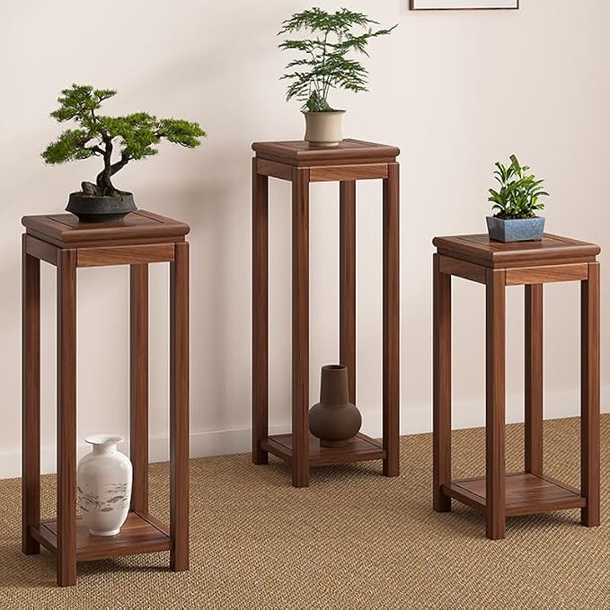 Mid-Century Solid Wood Plant Stand, 2-Tier Tall Narrow Plant Holder Display Table, Corner Small Side Table by Sofa Couch (11.8" L x 11.8" W x 35.4" H)