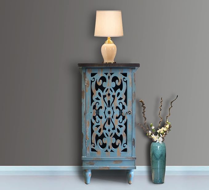 eHemco Distressed Blue Accent End Table with Pierced Floral Fretwork Door – Vintage Rustic Wood Storage Side Table for Living Room