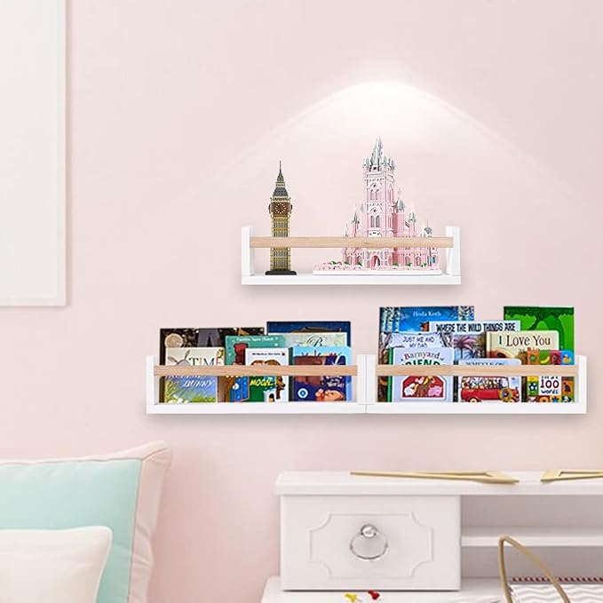 AZSKY Nursery Wall Décor Shelves White Floating Bookshelves for Baby and Kids 16 Inch Book Organizer Storage Ledge Long Display Floating Shelves for Books CDs Dolls Picture Frames a Set of 3