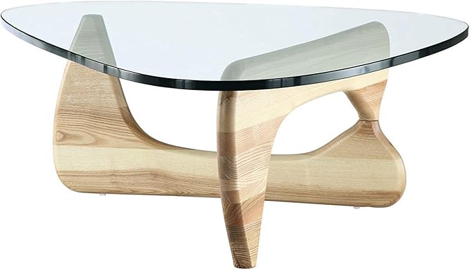 EMODERN FURNITURE - Mid-Century Modern Style Coffee Table Glass Top Hardwood Base (Natural)
