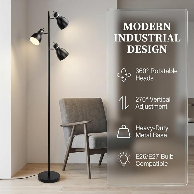FIRVRE Modern Reading Floor Lamp, Industrial 3-Light Standing Lamp, Black Adjustable Rotation Heads, Modern Multi Head Reading Floor Lights, E26 Base