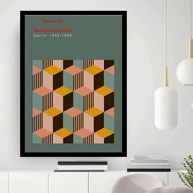 Canvas Painting Poster and Print Bauhaus Exhibition Poster Geometric Minimalist Abstract Wall Art Print Mid Century Modern Orange Sage Green Decor Modern Art Decoration for Living Room Bedroom and Office 8x12inch Solid wood