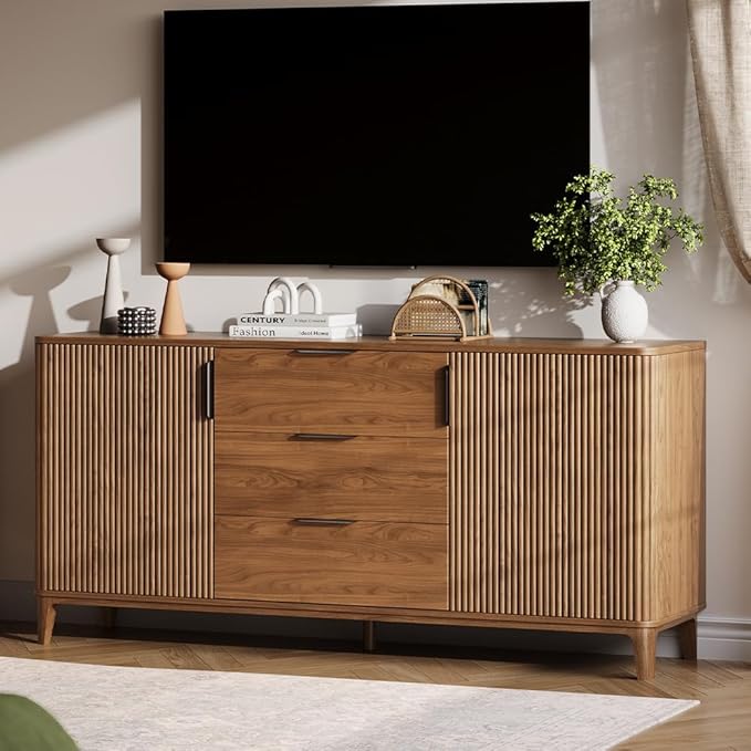 59" Fluted Sideboard Buffet Cabinet with 2 Doors and 3 Drawers, Large Modern Mid Century Buffet Table Coffee Bar Wine Bar Storage Cabinet with Adjustable Shelves for Dining Room, Living Room Walnut