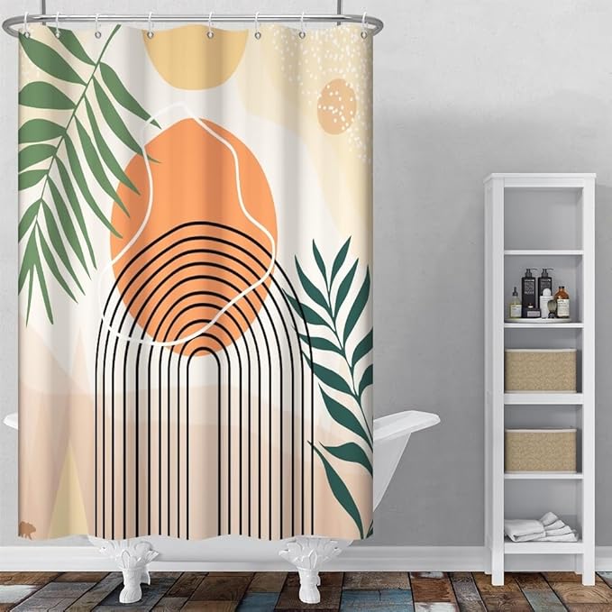 Modern Boho Shower Curtain for Bathroom Abstract Minimalist Bathroom Decor Set Green Leaves Arch Stripes Orange Sun Bathtub Curtains Machine Washable Waterproof Polyester Fabric with Hooks 48x72 Inch