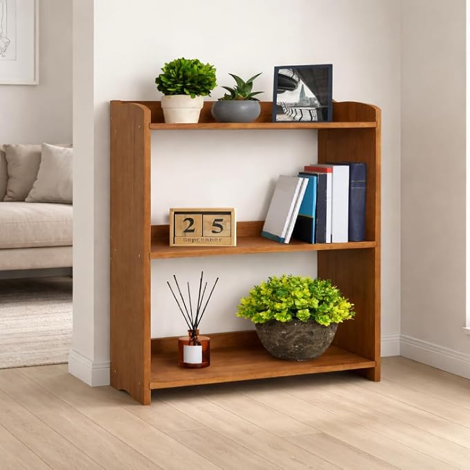 Narrow Bookcase by Natural Wood, 3 Tier Bookshelf, Small Book Shelves Freestanding Display Storage Shelves. Open Bookshelf for Bedroom, Living Room and Office (Brown, 3 Tier Simple)