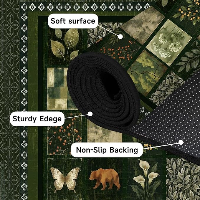 6'x9' Vintage Green Botanical Area Rug Non-Slip Washable Nature Patchwork Carpet Boho Floor Mat Rugs for Bedroom Living Room Nursery Kitchen Playroom Home Decor