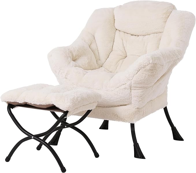 Tiita Lazy Chair with Ottoman, Beige Modern Large Accent Chair, Comfy Leisure Sofa Armchair with Ottoman, Reading Chair with Footrest for Bedroom, Living Room, Dorm Rooms, Plush Beige