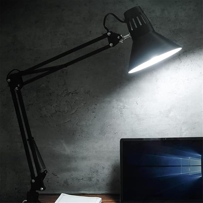 LED Desk Lamp Metal Swing Arm with Clamp Table Dimmable Retro with Switch Bedside Modern Simple Foldable Rotatable(Black)