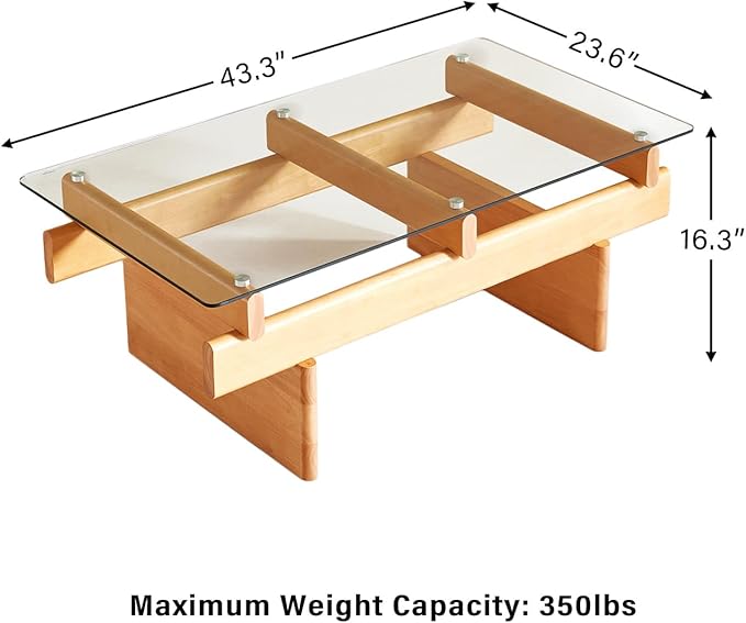 IWOOD Glass Coffee Table for Living Room,100% Solid Wood Coffee Table with Rectangular Tempered Glass Top,Mid Century Modern Coffee Table,Wood