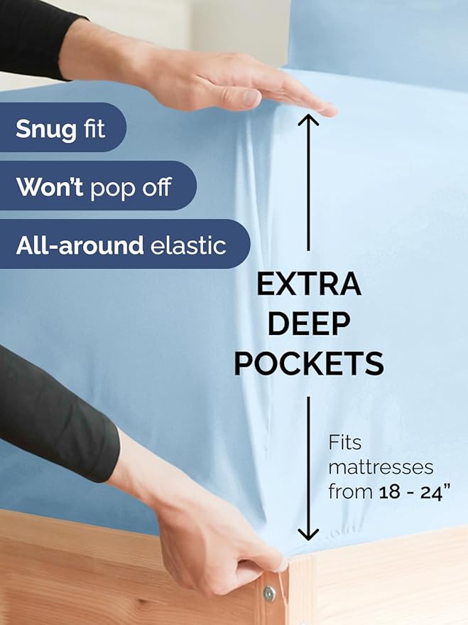 Extra Deep Queen Sheet Set - 6 Piece Breathable and Cooling Sheets - Hotel Luxury Bedding for Women, Men, Kids & Teens - Easy Secure Fit - Soft, Wrinkle Free & Comfy - Extra Deep Pockets - Light Blue