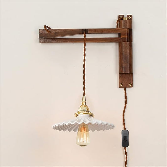 Classic Retro Walnut Lamp, Ceramic/Glass/Bronze Lampshade, Long Arm Swing Arm Folding Adjustable Wooden Light, Indoor Lighting, Sconce, Decoration (A)