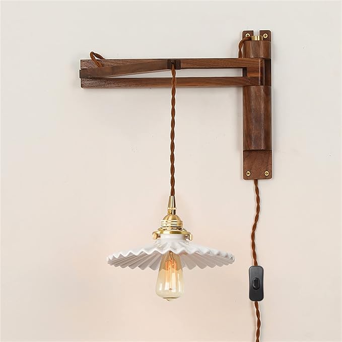 Classic Retro Walnut Lamp, Ceramic/Glass/Bronze Lampshade, Long Arm Swing Arm Folding Adjustable Wooden Light, Indoor Lighting, Sconce, Decoration,A