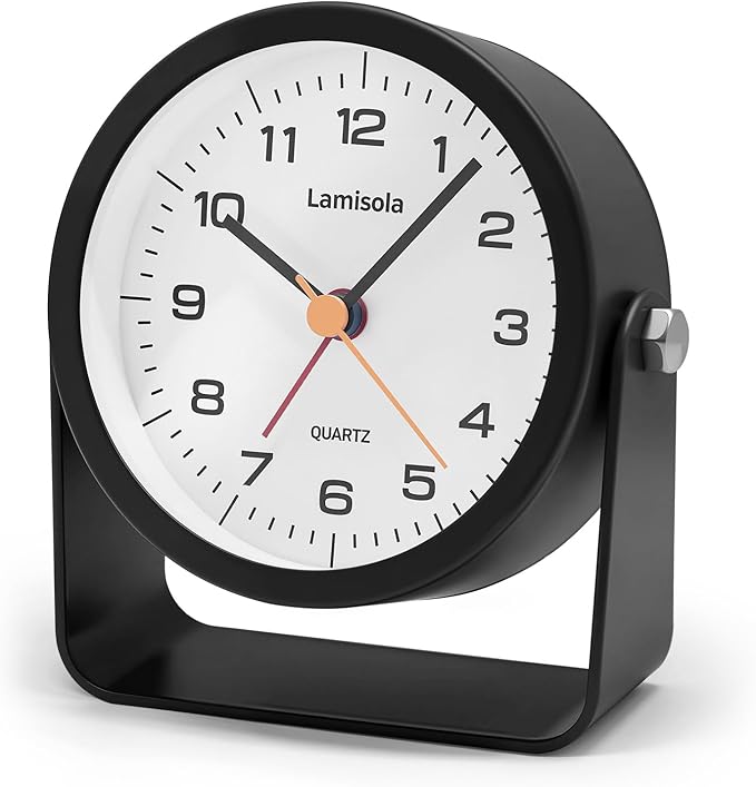 Lamisola 3.5 Inch Small Desk Alarm Clock, Battery Operated Analog Silent Clock with Night Light, Retro Vintage Metal Bedside Clock for Bedroom, Office, Bathroom, Dorm, Shelf, Table - Black