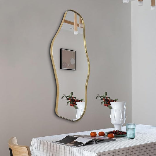 Irregular Wall Mirror, 40"x18" Asymmetrical Mirror with Gold Metal Frame, Organic Shaped Mirror for Living Room Bathroom Bedroom Hallway Entryway, Hangs Vertically or Horizontally
