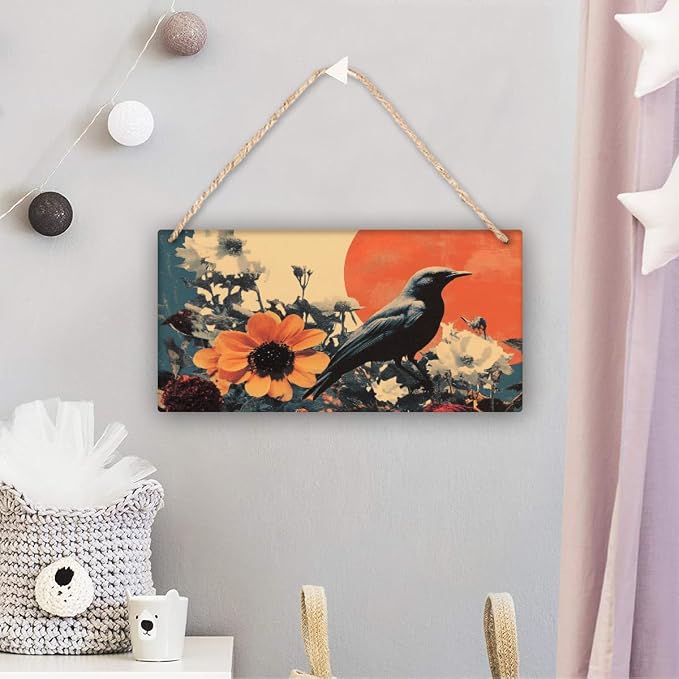 Retro Black Bird & Red-White Flowers Art Wooden Sign 12x6 Inch - Eclectic Living Room Decor for Vintage Fans - Ideal Gift for Unique Interior Collectors