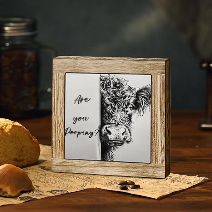 Funny Highland Cow Wooden Desktop Sign, “Are You Pooping?” Cow Wood Plaque, Rustic Farmhouse Humor Bathroom Tabletop Decor for Bathroom Toilet Shelf
