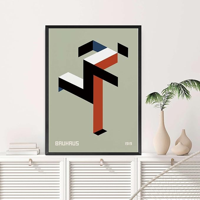 Printed Canvas Painting Wall Art Bauhaus Print 1919 Exhibition Poster Running Man Geometric Decor Modern Minimalist Abstract Sage Green Wall Art Bedroom and Kitchen Office Wall Decoration 8x12inch metal frame
