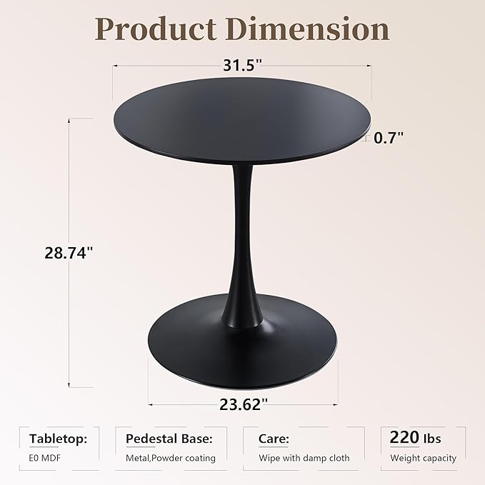 31.5 Inch Round Dining Table,Mid-Century Tulip Table with Metal Pedestal Base,Modern Leisure Table for Small Space Kitchen Dining Room,Easy Assembly,Matte Black