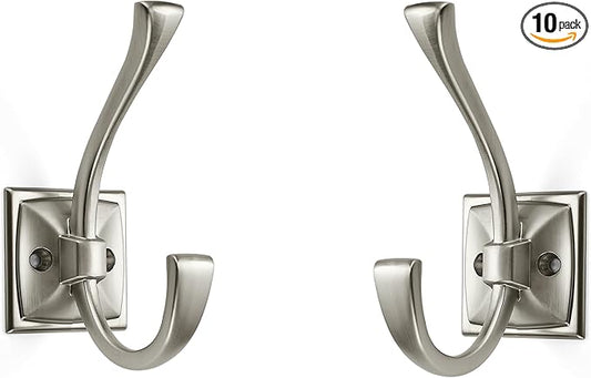 Large Wall Hook Pack, Brushed Satin Nickel, 4.35 Inch Double Robe and Coat Hooks, Towel and Bag Hangers, Wall Mounted with Screws