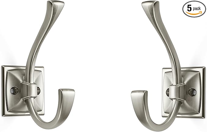 Large Wall Hooks 5 Pack Brushed Satin Nickel Coat Hooks Hardware Towel Hooks for Hanging Coats 4.35 Inch Double Robe Hooks Wall Mounted with Screws for Key, Towel, Bags, Cup, Hat