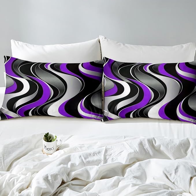 Erosebridal Geometric Wavy Lines Duvet Cover Toddler for Kids Boys Girls,Minimalist Abstract Art Comforter Cover,Modern Aesthetic Bedding Set,Purple Grey Black Bed Set with 1 Pillowcase Bedroom Decor