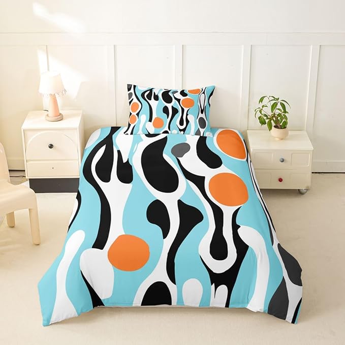 Erosebridal Organic Abstract Duvet Cover Set Modern Contemporary Girl Toddler Bedding Set for Little Boys Boho Mid Century Wavy Lines Comforter Cover Retro Geometric Bed Sets,Turquoise Orange
