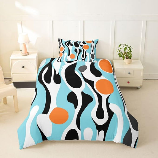 Erosebridal Organic Abstract Duvet Cover Set Modern Contemporary Girl Toddler Bedding Set for Little Boys Boho Mid Century Wavy Lines Comforter Cover Retro Geometric Bed Sets,Turquoise Orange
