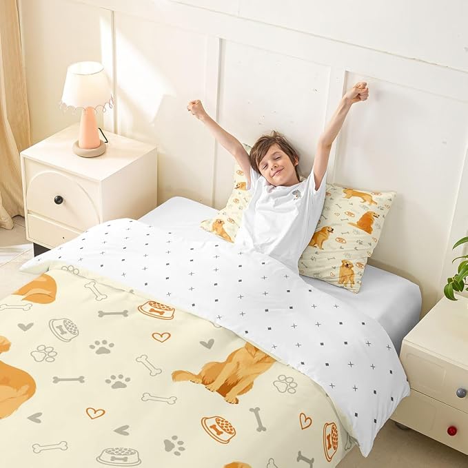 Erosebridal Cute Golden Retriever Bedding Set Twin Lovely Dog Duvet Cover Pet Dog Lover Comforter Cover for Kids Girls Boys Adults Paw Print Aesthetic Bed Set