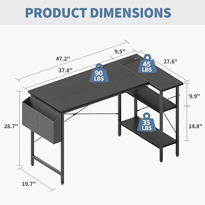 DUMOS 39" Corner Gaming Desk, L Shaped Computer Desk with 3AC+2USB+1Type-C Power Strip, Storage Shelves & Side Hanging Fabric Organizer, Black Gaming Workstation for Home Office and Bedroom