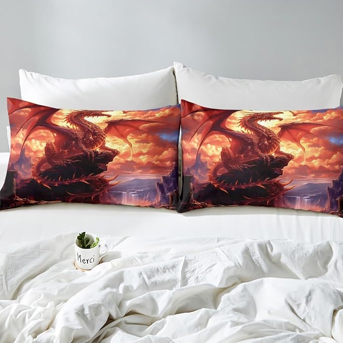 3D Dragon Duvet Cover Set Full Size,Sunset Mountain Scenery Romantic Bedding Set,Boys Men Room Decor,Gothic Wildlife Western Animals Comforter Cover,Orange Quilt Cover,2 Pillowcases(No Filler)