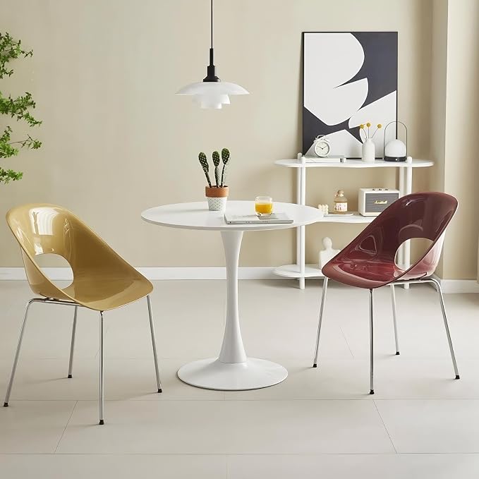 31.5 Inch Modern White Round Dining Table for 2-4 Person, Mid-Century Tulip Table with MDF Tabletop and Pedestal Base for Small Space Kitchen Dining Room