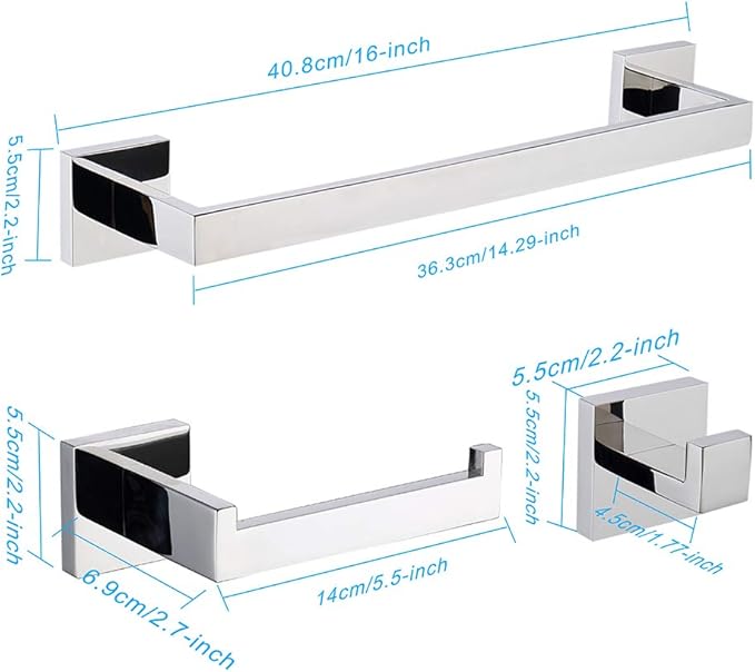 TASTOS 3-Piece Chrome Bathroom Hardware Accessory Set, Premium Stainless Steel Robe Hook Toilet Paper Holder 16-Inch Towel Bar Set Wall Mounted Square Style, Polished Finish (Silver)
