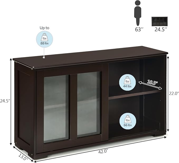 Sideboard Buffet Cabinet, Stackable Cupboard Storage Table with Adjustable Shelf & Glass Sliding Doors, Wooden Credenza Coffee Bar Cabinet for Kitchen/Dining Room/Living Room/Entryway (Coffee)