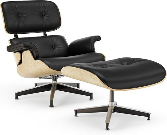 Top Cream White Grain Leather, Mid Century Chaise Lounge Chair and Ottoman, Modern Chair Classic Design, Walnut Wood, Heavy Duty Base Support for Living Room Office