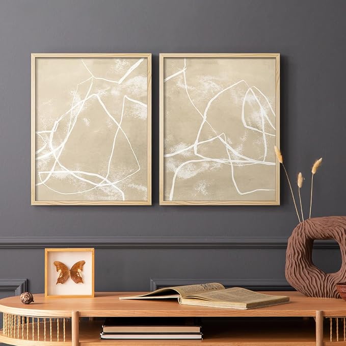 Renditions Gallery Set of 2 Peel & Stick Framed Prints, Neutral Abstract Wall Art, Beige Line Art Pattern Wall Decor, Re-Stickable - Ready to Hang - 16"x20" - NATURAL WOOD Frame LT588