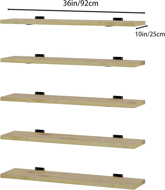5 Tier Book Shelf,36 inch Long Floating Shelf for Wall,Nature Large Bookcase with Heavy Duty Brackets,Bookshelf for Living Room